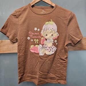 Precious Moments Brown Tee with Pink & Green Strawberry Girl Graphic Size L